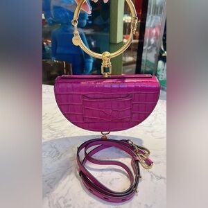 Chloe Fuchsia Croc-Embossed Clutch with Gold Accents